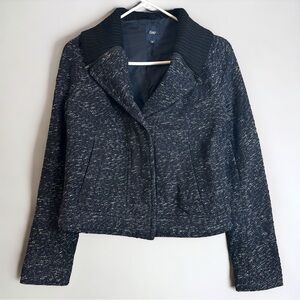 GAP Cropped Wool Blend Tweed Navy Black Snap Jacket Statement Moto Collar